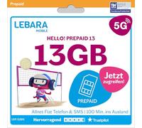 LEBARA Scheda SIM prepagata con Hello! 30 tariffe prepagate senza contratto | Allnet Flat Telefonia & SMS, volume di dati da 30 GB con 5G e 100 minuti gratis all'estero