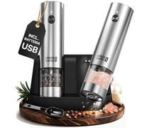LEBENLANG Macina Pepe e Sale Elettrico - Acciaio Inox, Base Di Ricarica Verticale & LED I Macina Sale e Pepe Elettrico Ricaricabile I Macinino Spezie Set Grinder & Saliera Elettrica Porta Trita Macine