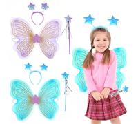 LEBKFT 2 set di ali da fata per bambini, set di ali con bacchetta magica e fascia per capelli, adatto per feste a tema di compleanno e Halloween, con vestito da principessa angelo (blu e viola)