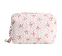 LEBKFT Elegante borsa per il trucco con fiocco rosa e bianco, piccola borsa per il trucco trapuntata per borsa, graziosa mini borsa per il trucco per viaggi e uso quotidiano, Borsa per cuscino