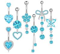 LEBKFT Set di 7 piercing per ombelico, in acciaio inox, con ciondolo a forma di fiore, farfalla, cuore, rotondo, fiocco per donne e ragazze, Misura unica, Zirconia cubica, zirconia cubica