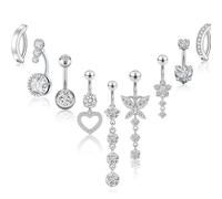 LEBKFT Set di 7 piercing per ombelico, in acciaio inox, con ciondolo a forma di fiore, farfalla, cuore, rotondo, fiocco per donne e ragazze, Misura unica, Zirconia cubica, zirconia cubica