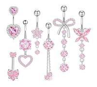 LEBKFT Set di 7 piercing per ombelico, in acciaio inox, con ciondolo a forma di fiore, farfalla, cuore, rotondo, fiocco per donne e ragazze, Misura unica, Zirconia cubica, zirconia cubica