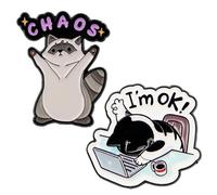 LEBKFT Set di spille smaltate a forma di procione e gatto nero, divertenti spille a forma di panda del caos, simpatiche spille per zaini e borse, regalo per gli appassionati di animali, procioni e