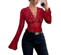 LEBOOBELL Camicetta da Donna con Maniche Campana Pizzo Motivo Floreale Maniche Lunghe Scollo a V Top Sexy Rosso M