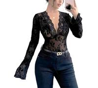 LEBOOBELL Camicetta da Donna con Maniche Campana Pizzo Motivo Floreale Maniche Lunghe Scollo a V Top Sexy Nero 2XL