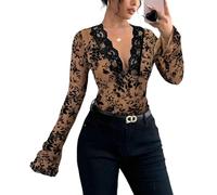 LEBOOBELL Camicetta da Donna con Maniche Campana Pizzo Motivo Floreale Maniche Lunghe Scollo a V Top Sexy Kaki M