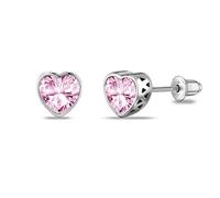 LeCalla Orecchini a forma di cuore in argento sterling 925 con zirconi per adolescenti e ragazze | Orecchini rodiati con zirconi rosa per bambini a partire dai 4 anni in su, orecchini con chiusura a