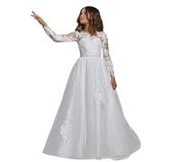 LECOYOYO Pizzo Ricamo Fiore Ragazza Abiti Tulle Manica Lunga Primo Comunione Abiti, bianco, 14 anni