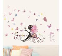 Lecreatekit Adesivo da parete a forma di angelo con farfalla, fiore e ragazza, per la decorazione della camera da letto, in PVC impermeabile, 70 x 50 cm