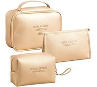 LEcylankEr 3 Pezzi Beauty Case Donna da Viaggio Pochette Donna Trucchi Portatile Borsa Trucchi Borsa da Toilette in PU Set Borsa Trucco per Il Trucco Impermeabile e Resistente (Colore Dorato)