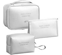 LEcylankEr 3 Pezzi Beauty Case Donna da Viaggio Pochette Donna Trucchi Portatile Borsa Trucchi Borsa da Toilette in PU Set Borsa Trucco per Il Trucco Impermeabile e Resistente (Argento)