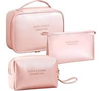LEcylankEr 3 Pezzi Beauty Case Donna da Viaggio Pochette Donna Trucchi Portatile Borsa Trucchi Borsa da Toilette in PU Set Borsa Trucco per Il Trucco Impermeabile e Resistente (Rosa)