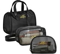LEcylankEr Beauty Case da Donna a Rete, 3 Pezzi Borsa per Toilette con Cerniera Trasparente, Borsa per Cosmetici e Articoli da Toilette, Borsa per Viaggio (Bordo nero e lettere)