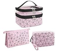LEcylankEr Beauty Case da Viaggio Trasparente Doppio 3 Pezzi Beauty Case Donna Set di Porta Trucchi da Viaggio Impermeabile (Rosa)