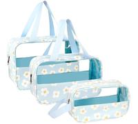 LEcylankEr Borsa da Toilette Trasparente 3pcs Set, Beauty Case da Viaggio Portatile, Borsa da Cosmetica in PVC Impermeabile per Donna (Stampa blu)