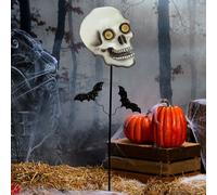 LED Animato Occhi Raccapricciante Teschio W/ Bats Metallo Halloween Garden Palo