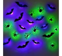 Led Bats Halloween Decor, Halloween 3d Lighted Bats & Spiders Decor Purple/Green for Outdoor Indoor Scary Decorations (24 bat lights + 18 spider lights)
