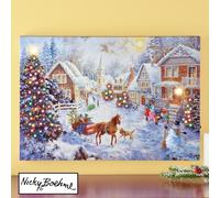 LED Illuminato Buon Natale Villaggio W/Horse-Drawn Slitta Tela Parete Arte