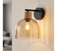 LED Lampada Da Parete Globo In Vetro Ambra Legno Nero E27 H 24 cm [EEK: E]