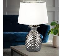 LED Notte Scrittura Tavolo Lampada Ceramica Ananas Design Argento Tessuto Bianco