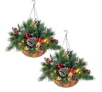 LED Pre-Lit Artificial Christmas Hanging Basket with Pinecones,Red Berries,15 Inch Winter Decorative Holiday Planter,Battery Powered Festive Hanging Planter,Outdoor Xmas Holiday Decor (2)