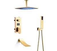 LED Shower System with Digital Display Golden Shower Faucet Set with Waterfall Tub Spout Rain Mixer Shower Combo Set with Square Rainfall Shower Head System with Handheld Shower Set,12 Inches (A 16 t