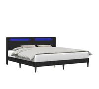 LED Strip Light Bed Frame with USB Charging, Modern Upholstered Platform 200x200 cm, Faux Leather King Size with Button Control Multicolor Lights, Easy Clean Noir Wooden Bed for Home Bedroom