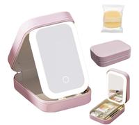 LED Three-Color Adjustable Makeup Mirror, Portable Travel Makeup Bag with Led Mirror, Multifunctional LED Makeup Mirror, Makeup Storage Box Rechargeable LED Light-Filling Mirror (Pink)