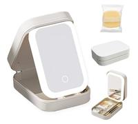 LED Three-Color Adjustable Makeup Mirror, Portable Travel Makeup Bag with Led Mirror, Multifunctional LED Makeup Mirror, Makeup Storage Box Rechargeable LED Light-Filling Mirror (White)