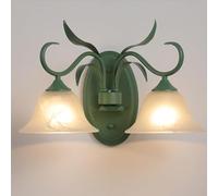 LED Wall Light, 2-Lights Vintage Flower Shape Bedside Wall Sconce Green Metal Hallway French Milk Glass Bedroom Wall Mounted Lamp for Living Room Aisle Stairs Balcony/2-