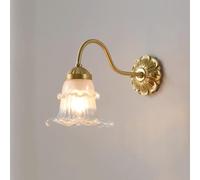 LED Wall Light, Brass Wall Sconce with Flower Glass Antique Copper Bedroom Fixture Vintage Gold Retro Wall Mounted Lamp for Bedside/B
