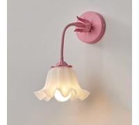 LED Wall Light, Milk Glass Hallway Wall Sconce French Cream White Flower Bedroom Green Floral Wall Mounted Lamp Indoor Lighting for Bedside Living Room/Pink