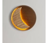 LED Wall Light, Retro Hallway Wall Sconce Indoor Lighting Japanese Moon Shape Yellow Travertine Solid Wood Indoor Bedside Wall Mounted Lamp for Living Room Restaurant