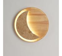 LED Wall Light, Retro Hallway Wall Sconce Indoor Lighting Japanese Moon Shape Yellow Travertine Solid Wood Indoor Bedside Wall Mounted Lamp for Living Room Restaurant