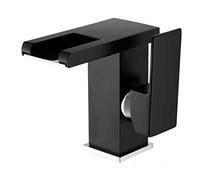 LED Waterfall Faucet for Bathroom Basin Brass Single Handle Vanity Tap with 3 Color Changing Lights Hot And Cold Water Mixer Modern Black Finish