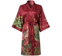 Ledamon Kimono corto da donna - Classico accappatoio floreale, rosso vinaccia-B, Taglia unica