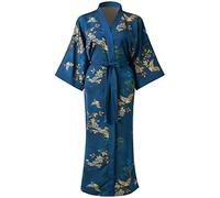 Ledamon Kimono da donna, taglie forti, lungo, con tasca, motivo floreale, camicia da notte, Blu Scuro, taglia unica