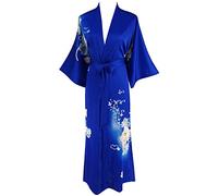Ledamon - Kimono lungo da donna, in raso di seta, con motivo floreale classico - Blu - Taglia Unica