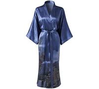 Ledamon Vestaglia lunga Kimono 100% seta da donna - Colori e stampe classiche, Paesaggio-grigio Blu, taglia unica