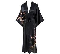 Ledamon Women's 100% Silk Kimono Long Robe - Classic Colors and Prints (Black)