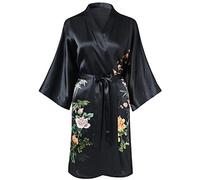 Ledamon Women's 100% Silk Kimono Short Robe (Black-B)