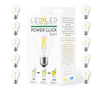 LEDbyLED Lampadina Smart Goccia Power Click 2-4-8W, E27, Vetro Trasparente, Intensità Regolabile, 2700K Luce Calda, filamento LED dritto, 960 Lumen, Pack 10 Pezzi