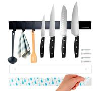 LEDINOR® Barra magnetica coltelli da cucina 40 cm nera + 3 ganci + viti e tasselli con stencil per trapano + nastro adesivo per fissaggio senza fori | supporto coltelli fissaggio facile