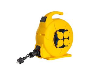 LEDKIA LIGHTING - Bobina Cavo Riavvolgimento Automatico | 15m Estensibile | 4 Prese Tipo German Socker | IP44 Protezione | Max 3000W | Uso Interno/Esterno, Giallo, 40 m, Imitazione legno