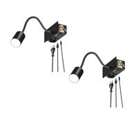 ledscom.de 2 applique WAIKA, collo di cigno, nero, presa di corrente, USB-C, USB-A, con lampadina LED GU10 inclusa, dimmer a 3 livelli, 500 lm, bianco caldo