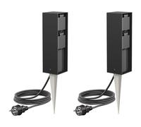 ledscom.de 2 colonnine con prese da giardino POKU con picchetto da terra e cavo da 2 m per esterni, IP44, a 2 prese, nero, squadrate, 23 cm