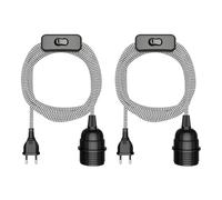 ledscom.de 2 pezzi cavo tessile LEKA, spina, interruttore, nero, bianco, frastagliato, 3 m, attacco lampada, 1x E27 max. 60W
