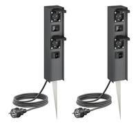 ledscom.de Colonnina con prese da giardino POMI (2 prese) con picchetto da terra e cavo per esterni con interruttore, IP44, doppia, acciaio inossidabile, antracite, squadrata, 33 cm