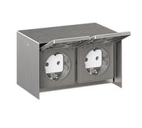 ledscom.de Presa di corrente da esterno 2 volte STEDDA, IP44, acciaio inox orizzontale, prese di corrente per giardino, terrazza e aree esterne